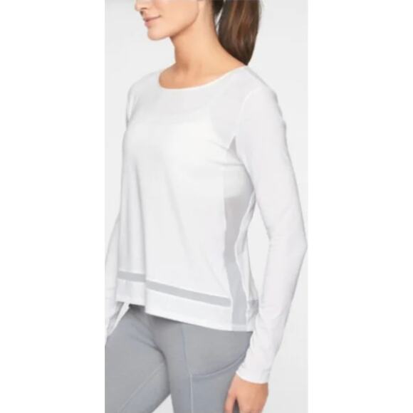 Athleta Small White Essence Mesh Trim Long Sleeve Top Crew Neck Lyocell Stretch - Picture 10 of 10